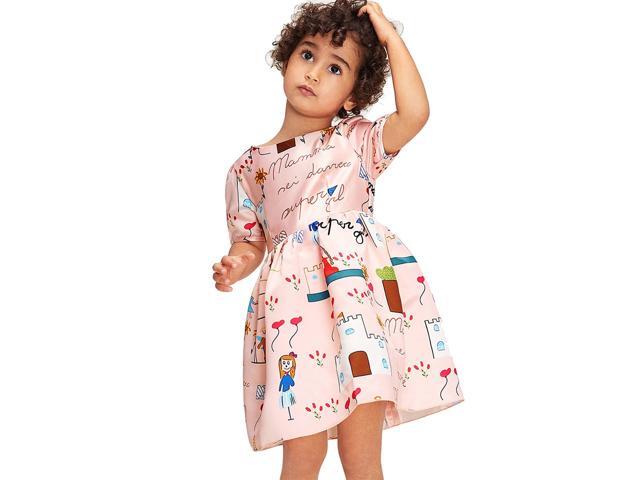 Girls Summer Dress Colorful Cartoon Printing Princess Dress Short Sleeve Dresses One-Piece Knee Length