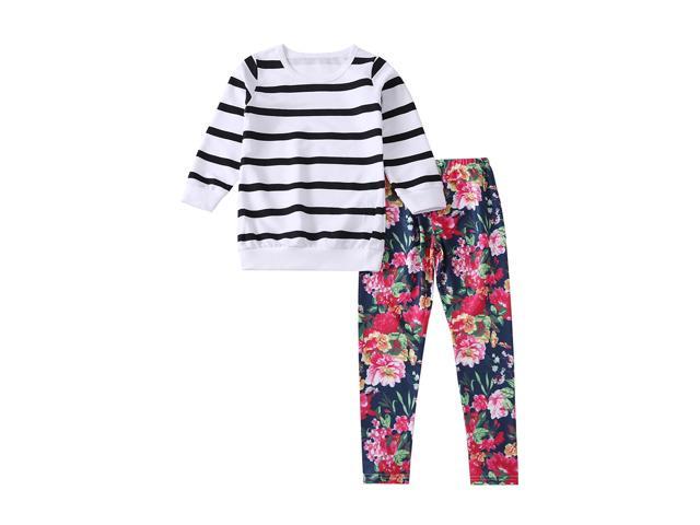 2 Pcs Stripe Sweatshirt + Floral Leggings Kids Baby Girl Long Sleeve T-Shirt and Pants Outfit Set