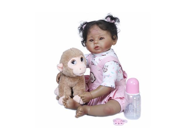 55cm/22in Lifelike Baby Doll Reborn Baby Dolls Soft Silicone Full Body African American Toddler Girl Doll Realistic Baby Gift Doll Dressed with Cloth