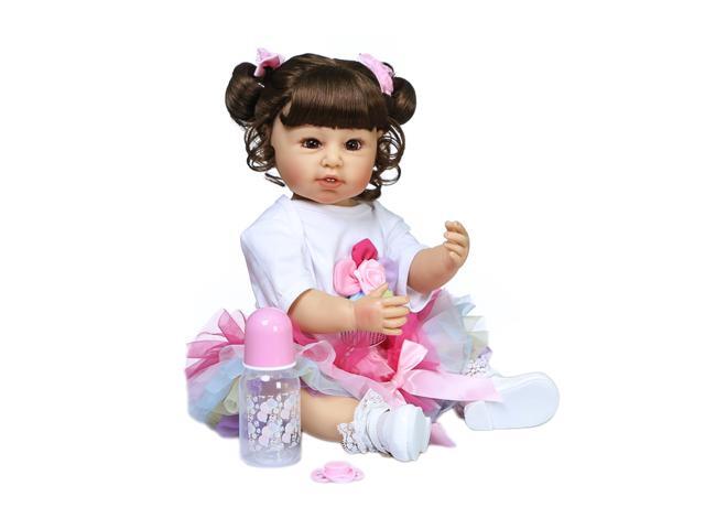55cm/22in Lifelike Baby Doll Reborn Baby Dolls Soft Silicone Full Body Toddler Girl Doll Washable Realistic Baby Gift Doll Dressed with Headdress