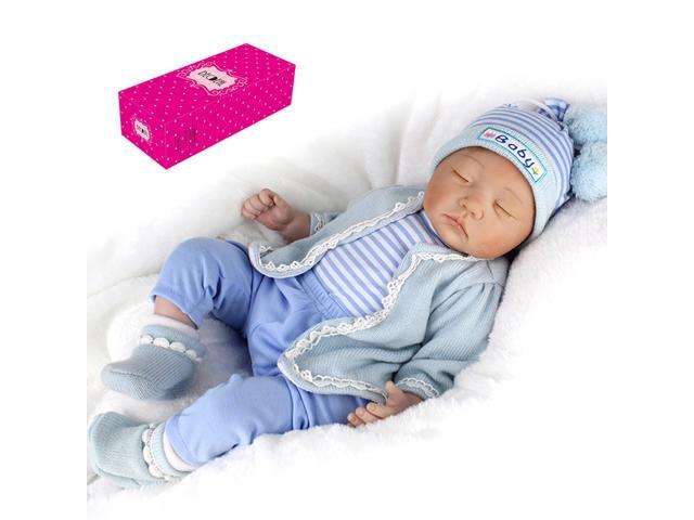 Decdeal Reborn Baby Doll 22 inch Sleeping Realistic Soft Touch Baby Dolls Play House Toy Baby Gifts Birthday Set with Blue Sweater