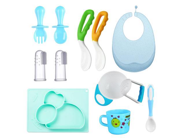 Pack of 10 Baby Feeding Set Bendable Spoon Short Handle Spoon and Fork Non-Slip Silicone Placemat Milk Cup Baby Food Masher Set Waterproof Silicone