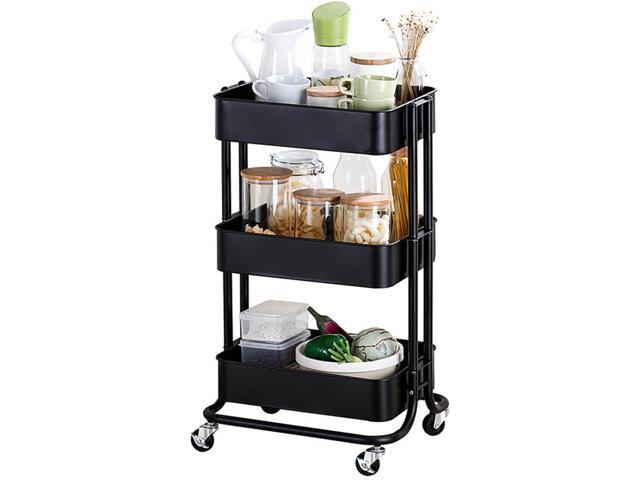 HOME ORGANIZER 3 Tier Rolling Storage Metal Utility Cart on Wheels Carbon Steel Moveable Organizer Cart Mobile Storage Shelves Basket for Bedroom