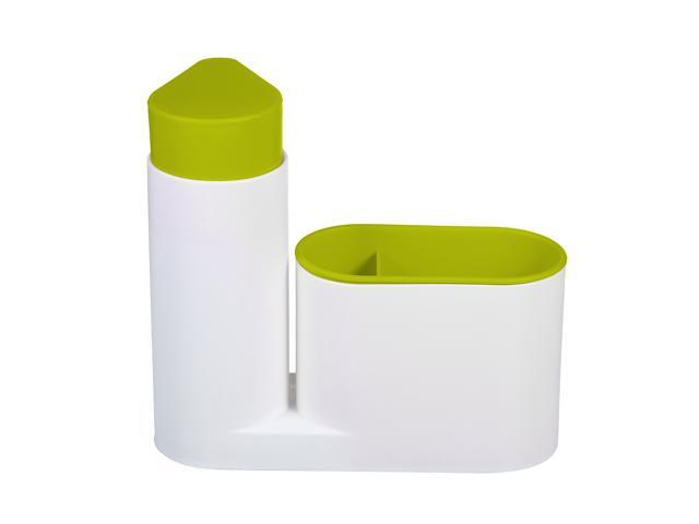 Modern Plastic Kitchen Sink Countertop Liquid Dish Soap Dispenser Pump Bottle Caddy with Storage Compartments Holds Stores Sponges Scrubbers and