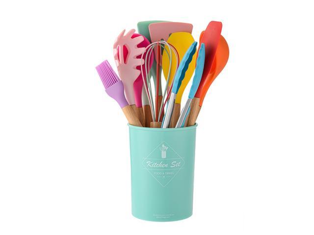 Silicone Kitchenware Set 11Pcs Kitchen Utensils Set Silica Gel Cooking Utensils Set Heat Resistant Kitchen Tools Wooden Handle with Storage Barrel