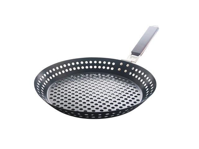 Non-stick Metal Grilling Skillet with Folding Wooden Handle Grill Skillet Pan with Holes Removable Handle for Outdoor Grill Topper Barbecue Pan for