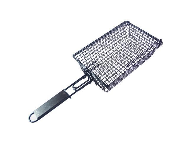 Grilling Nonstick Grill Basket with Lid Metal Barbecue Basket with Foldable Removeable Wooden Handle BBQ Barbecue Tool for Fish Vegetable Steak