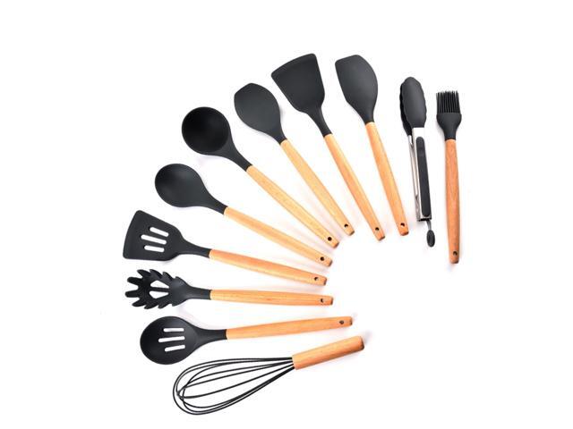 Silicone Kitchen Utensil Set 11 Pcs Beech Wooden Handle Heat-Resistant Non-Stick Spoon Spatula Ladle Cooking Tools