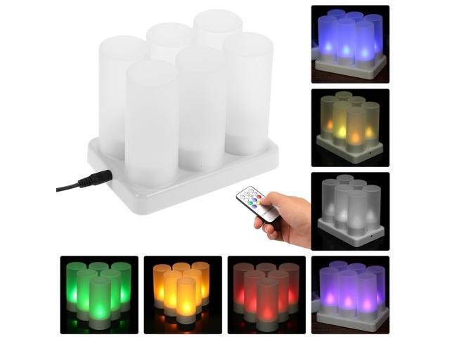 Set of 6 Rechargeable LED Color Changing Flickering Flameless Tealight Candles Lights with Remote Control Frosted Cups Charging Base for Christmas