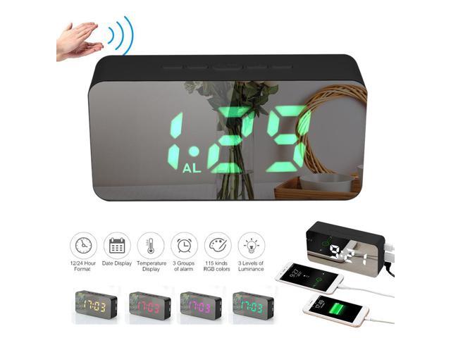 Digital Colorful RGB LED Mirror Alarm Clock USB/Battery Powered Desktop Thermometer Clock with Adjustable Luminance 3 Alarms Snooze Function USB