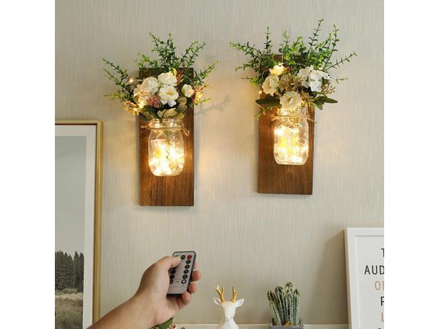 2PCS Hanging Glass Mason Jars LED Fairy Lights Wall Hanging Plastic Flower Home Lighting Battery Operated Decorative Indoor String Lights for Home