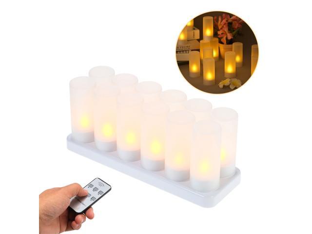 Set of 12 Rechargeable LED Yellow Flickering Flameless Tealight Candles Lights with Remote Control Frosted Cups Charging Base for Christmas Party