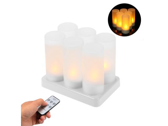 Set of 6 Rechargeable LED Yellow Flickering Flameless Tealight Candles Lights with Remote Control Frosted Cups Charging Base for Christmas Party