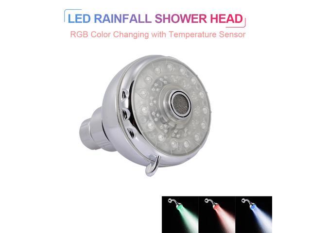 LED Rainfall Shower Head Round Shower Head RGB Color-Changing Temperature Sensor Showerhead for Bathroom