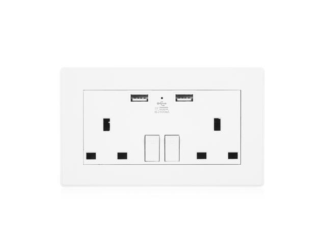 2 Gang 13A Outlet Individually Switched Dual Plug Socket with 2 USB Ports LED Indicator Light Wall Outlet UK Standard