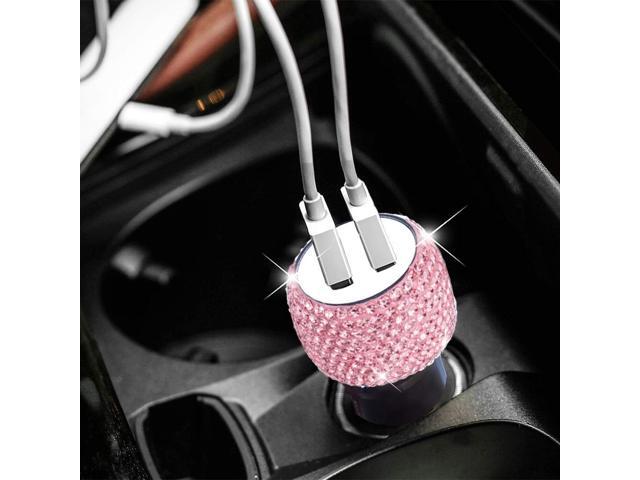 Dual USB Car Charger Bling Bling Handmade Rhinestones Crystal Car Decorations for Fast Charging Car Decors Pink for iPhone iPad Pro/Air 2/Mini