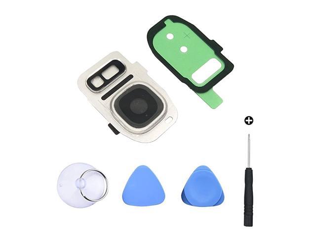 Back Camera Glass Lens Cover + Rear Camera Bezel with Adhesive + Flash Cover PreInstalled Replacement Parts + Repair Screwdriver for Samsung Galaxy