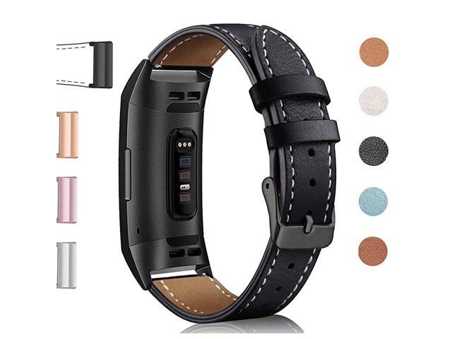 Leather Band Compatible Charge 3 Charge 3 SE Fitness Tracker Classic Replacement Genuine Leather Bands Metal Connectors Women Men Small Large Size