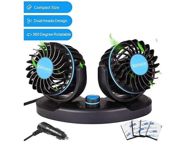 Car Fan with 360 Degrees Rotatable and 2 Speed Dual Heads Design Car Fan Cooling That Plugs into Cigarette Lighter Low Noise Strong Wind for