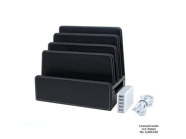 Charging Station Slim Black Faux Leather Executive Multi Device Organizer for Smartphones Tablets Laptops Includes Charging Strip Combo