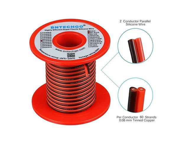 22 Gauge Flexible 2 Conductor Parallel Silicone Wire Spool Red Black High Resistant 200 deg C 600V for Single Color LED Strip Extension Cable