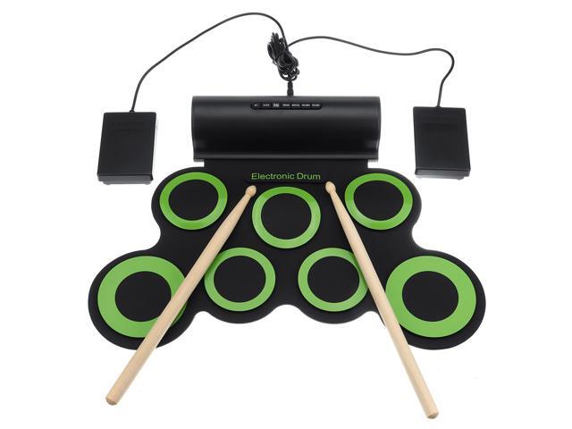 Portable Electronic Digital USB 7 Pads Roll up Set Silicone Green Electric Drum Kit with Drumsticks and Sustain Pedal