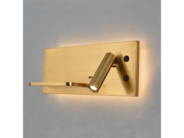 ZEROUNO Wall Light Bedroom Lamp LED Phone Wireless Charger Shelf Bedside Headboard Read Modern Loft Room USB Luminaire Wood Bed- /Brass brush