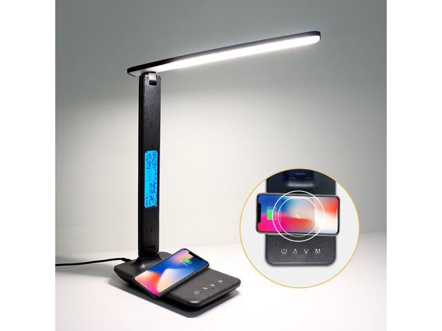 QI Wireless Charging LED Desk Lamp 10W With Calendar Temperature Alarm Clock Eye Protect Reading Light Table Lamp-Black/EU Plug
