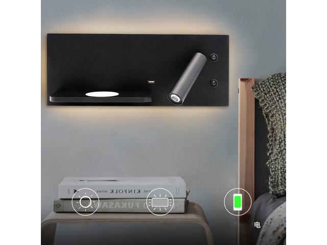 ZEROUNO Wall Light Bedroom Lamp LED Phone Wireless Charger Shelf Bedside Headboard Read Modern Loft Room USB Luminaire Wood Bed- /Matte black