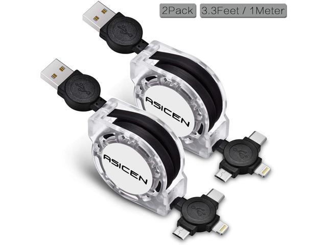 Micro USB Cable ASICEN 2 Pack 3-in-1 Retractable Lightning to USB Cable Type C Sync Fast Charging Cord for iPhone iPad Mini/Pro/Air Samsung Moto