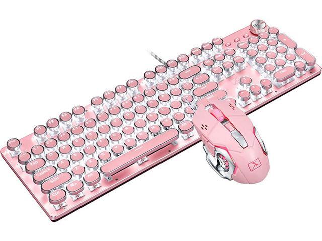 Basaltech Mechanical Gaming Keyboard and Mouse Combo Retro Steampunk Vintage Typewriter-Style Keyboard with LED Backlit 104-Key Anti-Ghosting Blue