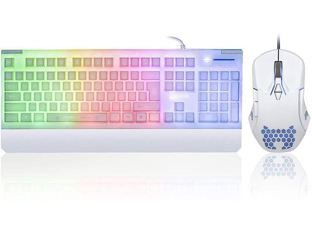 White Gaming Keyboard and Mouse Combo Colorful Lights Rainbow LED Backlit Keyboard with Ergonomic Detachable Wrist Rest Programmable 3200 DPI 7