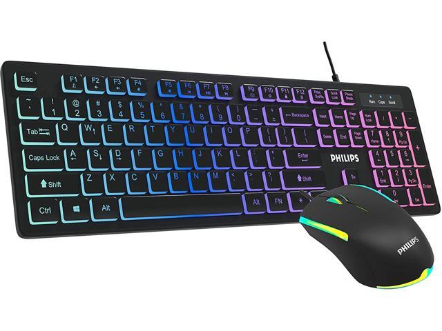 Philips Wired Gaming Keyboard and Mouse Combo Quiet RGB Backlit Membrane Keyboard with LED Optical Mouse Island Style- Chiclet Keys for Gaming