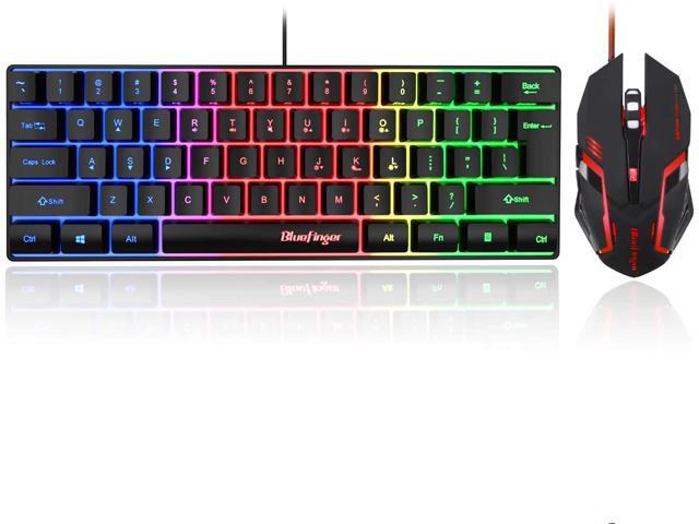 Bluefinger 60% Gaming Keyboard and Mouse Combo Compact 61 Keys RGB Rainbow Backlit USB Wired Gaming Keyboard with Illuminated Gaming Mouse for PC