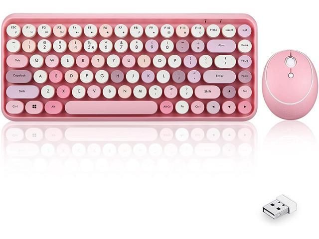 Perixx PERIDUO-713 Wireless Mini Keyboard and Mouse Combo Retro Round Key Caps Pastel Pink US English Layout