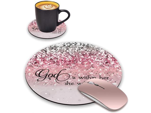 ChaTham Round Mouse Pad with Coasters Set Pink Glitter Quotes Psalm 46:5 - God is Within Her She Will Not Fail Mouse Pad Non-Slip Rubber Base