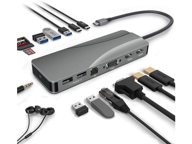 USB C Hub USB C Docking Station Triple Display 14 in 1 Type C Docking Station with 2 HDMI VGA PD Type C PortGigabit Ethernet SD TF Card Reader 5