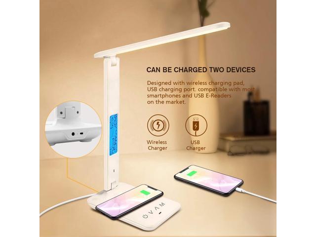 Desk Lamp LED Desk Lamp with Wireless Charger USB Charging Port Adjustable Foldable? Table Lamp with Clock Alarm Date Temperature 5 Levels of