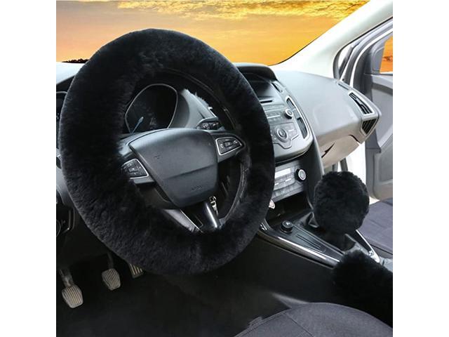 Set Womens Winter Fashion Wool Fur Soft Furry Steering Wheel Covers Black Fluffy Handbrake Cover Gear Shift Cover Fuzz Warm Non-slip Car Decoration