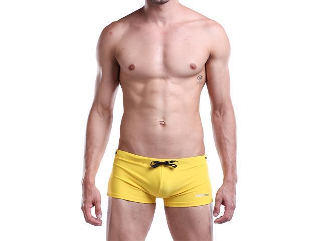 Men's Solid Swim Trunks Swimming Briefs Swimsuit Beach Shorts Swimwear - M (Yellow)