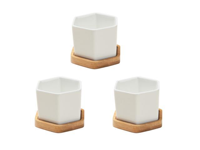 3 Sets of Small White Ceramic Hexagonal Succulent Containers Plant Pot Cactus Planter Pot with Bamboo Tray
