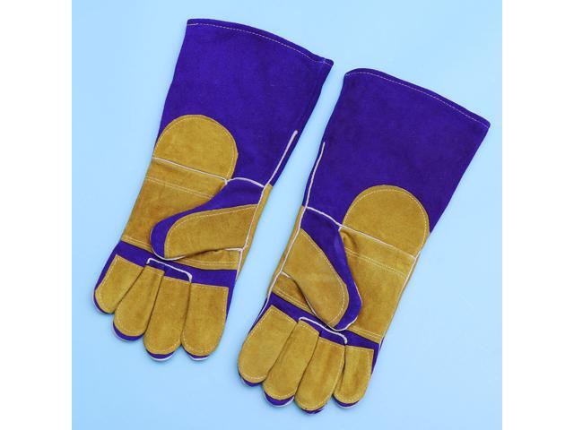 1 Pair Leather Work Gloves Cowhide Welding Gloves Gauntlets Protective Heat Resistant BBQ Grill Oven Gloves Reinforced Palm Gloves for Welder Labor