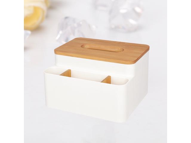 Plastic Multifunction Tissue Boxes Desktop Bamboo Cover Napkin Box Organize Holder for Home Office (White)
