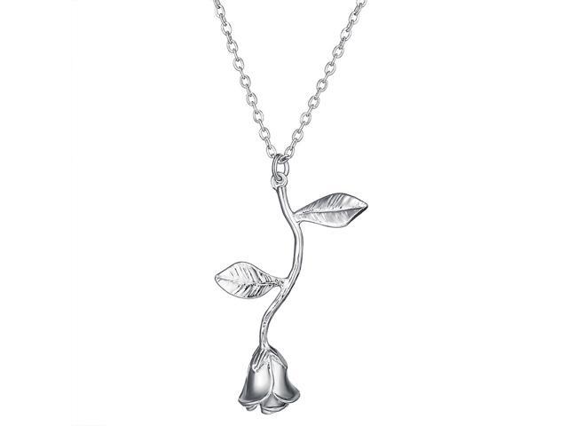 Luxury Golden Rose Pendant Chain Necklace Valentines Jewelry Gift for Her (Silver)