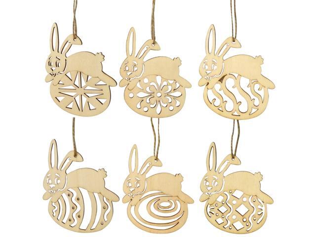 6PCS Easter Rabbit Wooden Cutouts Unfinished Wood Crafts Tags Decorative Pendants with String for Easter Decorations Party Favors