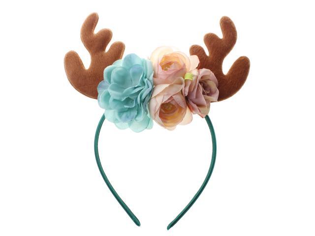 Funny Christmas Deer Antler Headband With Flowers Blossom Novelty Party Hair Band Headware for Baby Kids Girls (A Style)