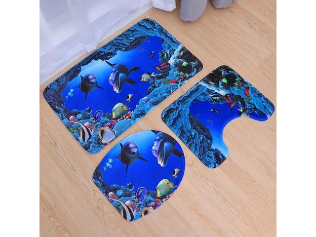 3pcs Flannel Blue Sea Theme Dolphin Shark Bathroom Mat Set Bathroom Carpet Pedestal Lid Mat Toilet Cover Set