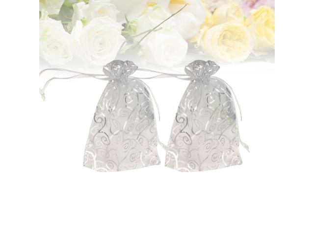 50 Pcs Small Organza Sheer Favor Gift Bags Mini Silver Rattan Pattern Jewelry Pouches Wrap Organza Drawstring Bags for Wedding Party Christmas