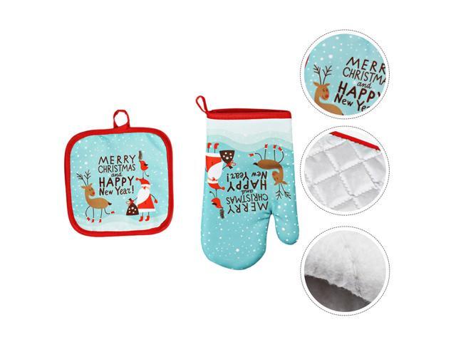 2pcs Christmas Microwave Oven Glove Mat Set Baking Anti-Hot Gloves Microwave Insulation Pad Cloth Oven Mitts Kitchen Dining Bakeware (Pattern 6)