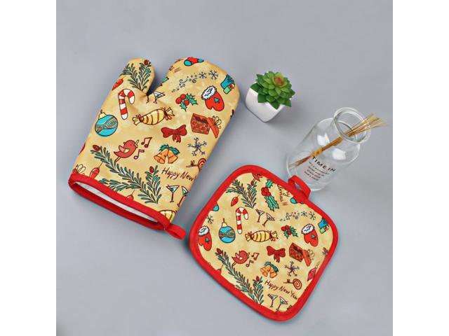 2pcs Christmas Microwave Oven Glove Mat Set Baking Anti-Hot Gloves Microwave Insulation Pad Cloth Oven Mitts Kitchen Dining Bakeware (Pattern 4)